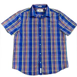 Original Penguin men’s blue plaid button down 100% cotton shirt - slim fit - L